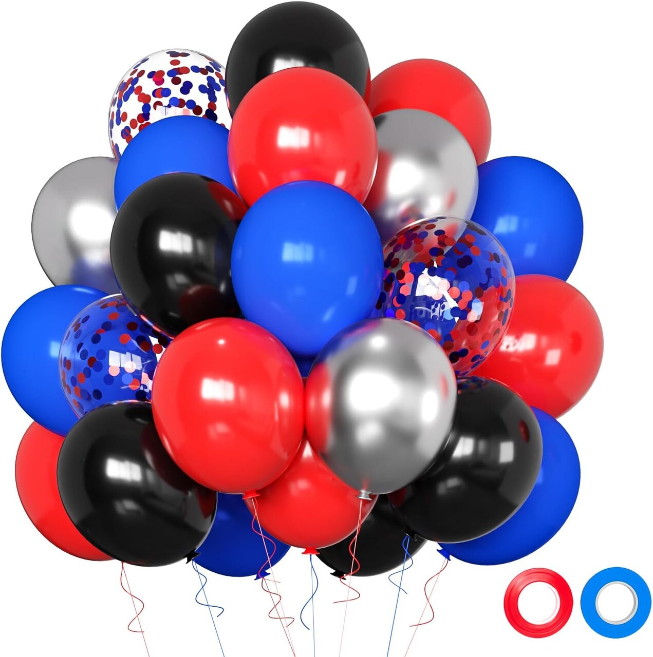 50-Piece Black, Red & Blue Balloon Set – 12-Inch Balloons with Red, Blue & Silver Confetti for Birthday, Baby Shower, Graduation & Party Decorations
